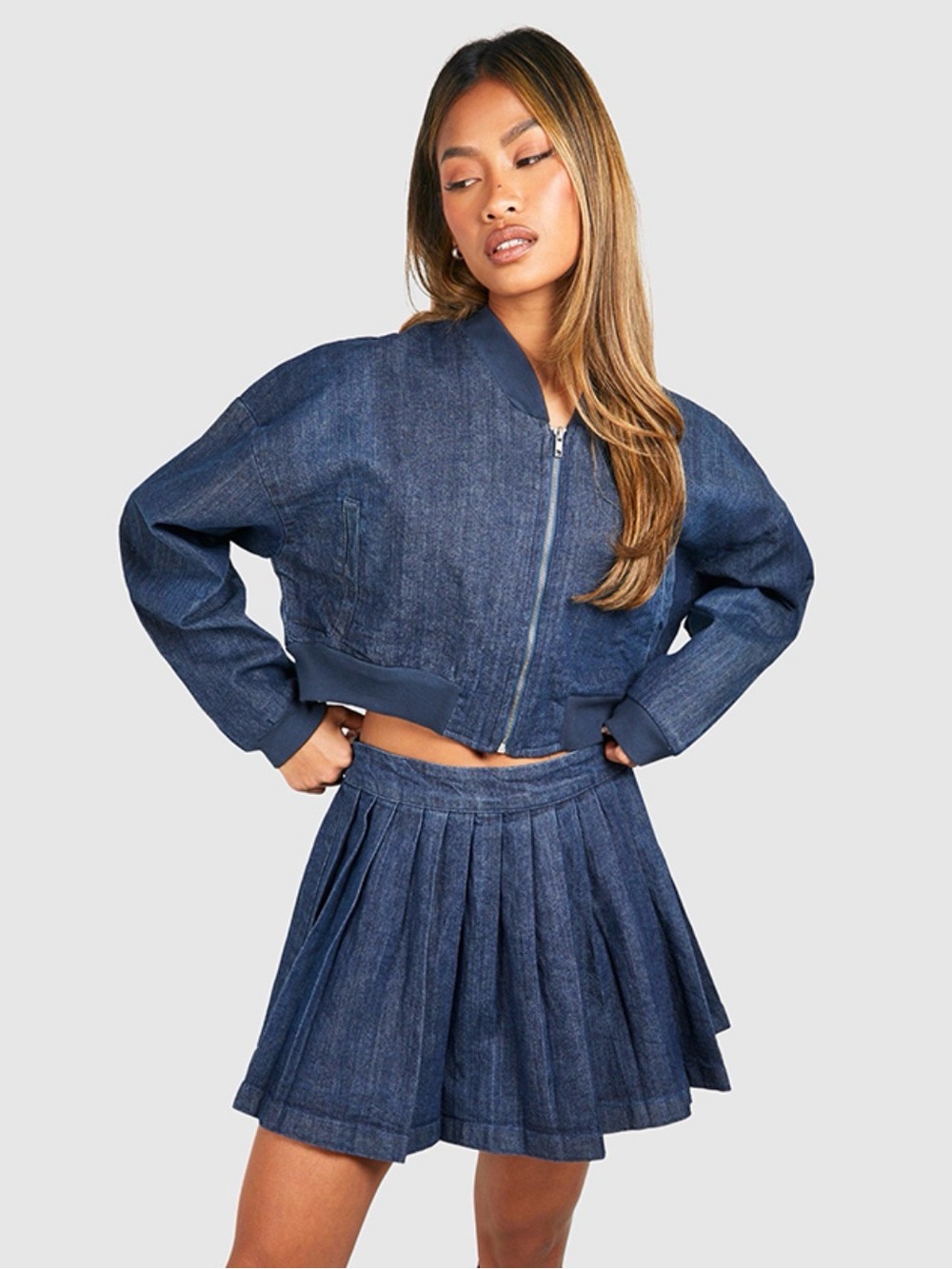 Cropped Denim Bomber Jacket